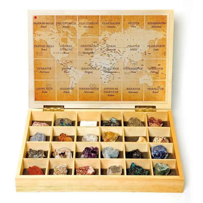 Colección educativa de 24 minerales naturales del mundo marca Kunugi en caja expositora de madera