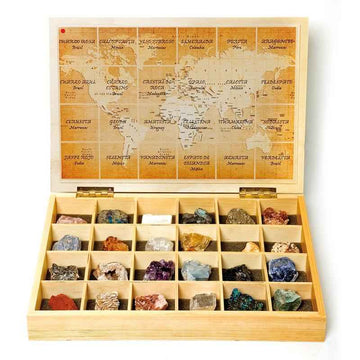 Colección educativa de 24 minerales naturales del mundo marca Kunugi en caja expositora de madera