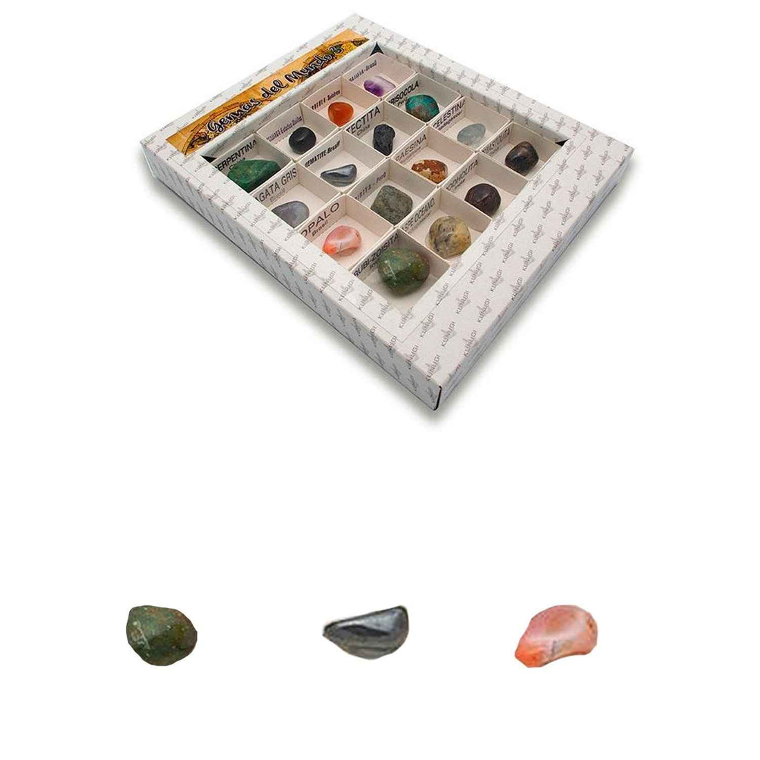 Expositor con 16 gemas naturales talladas y pulidas de la Colección Nº3 de Kunugi, incluyendo Rodholita y Amatista - Educar Jugando