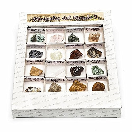 Caja de colección de 16 minerales reales Nº5 de Kunugi con Turquesa, Ópalo y Citrino identificados por origen - Educar Jugando