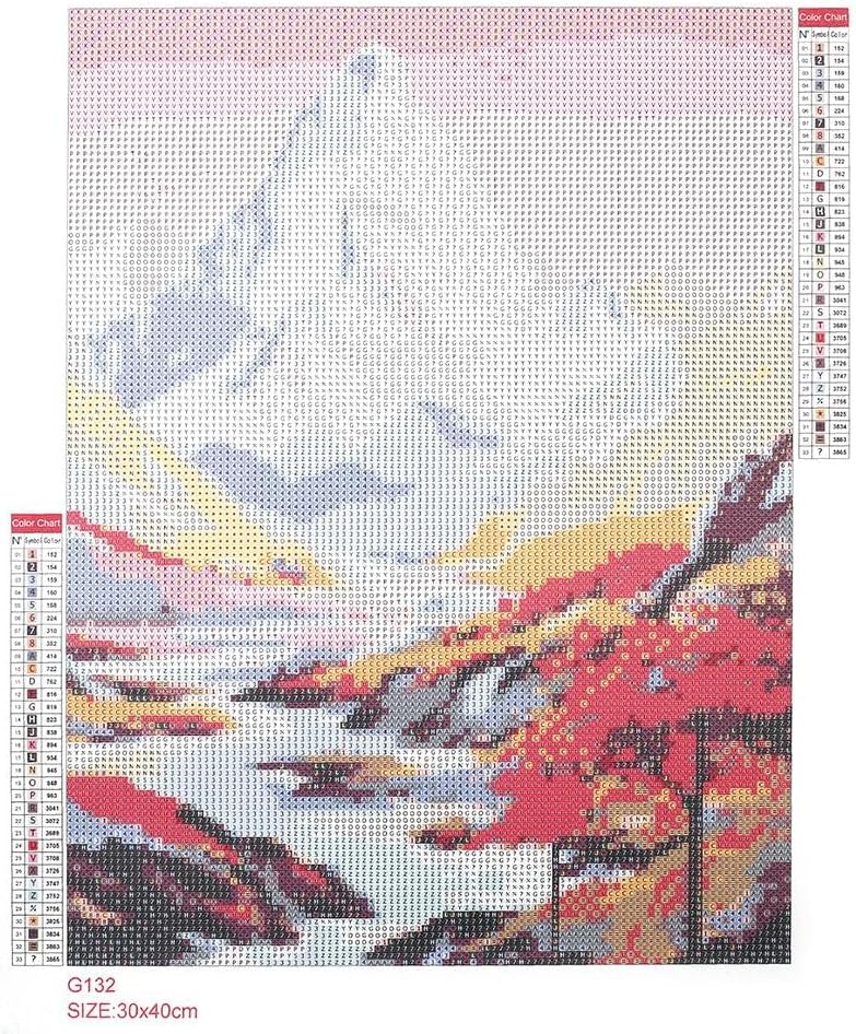 Lienzo del diamond painting Montaña 30 × 40 cm de Graine Créative, con patrón de símbolos y leyendas de colores.