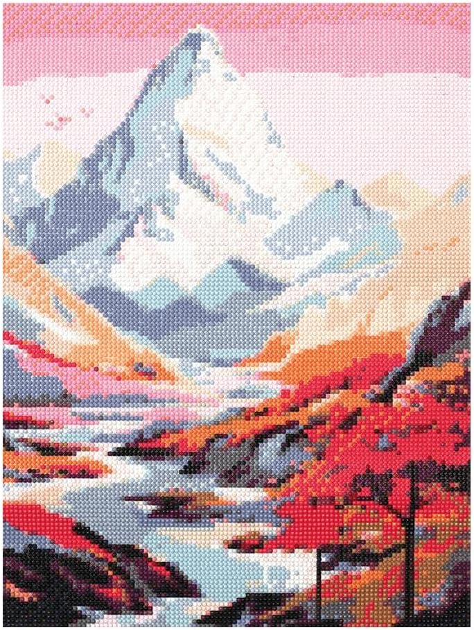 Cuadro mosaico con diamantes Montaña 30 × 40 cm de Graine Créative, paisaje con cima nevada, río y árboles rojizos.