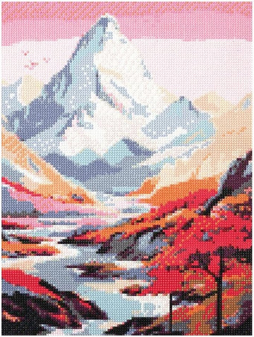 Cuadro mosaico con diamantes Montaña 30 × 40 cm de Graine Créative, paisaje con cima nevada, río y árboles rojizos.