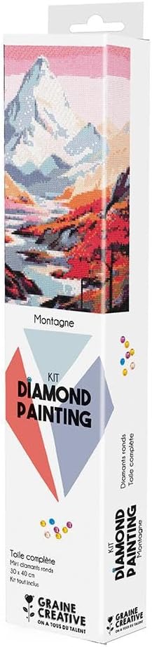 Caja del kit diamond painting Montaña 30 × 40 cm de Graine Créative, con imagen del paisaje y diamantes redondos.
