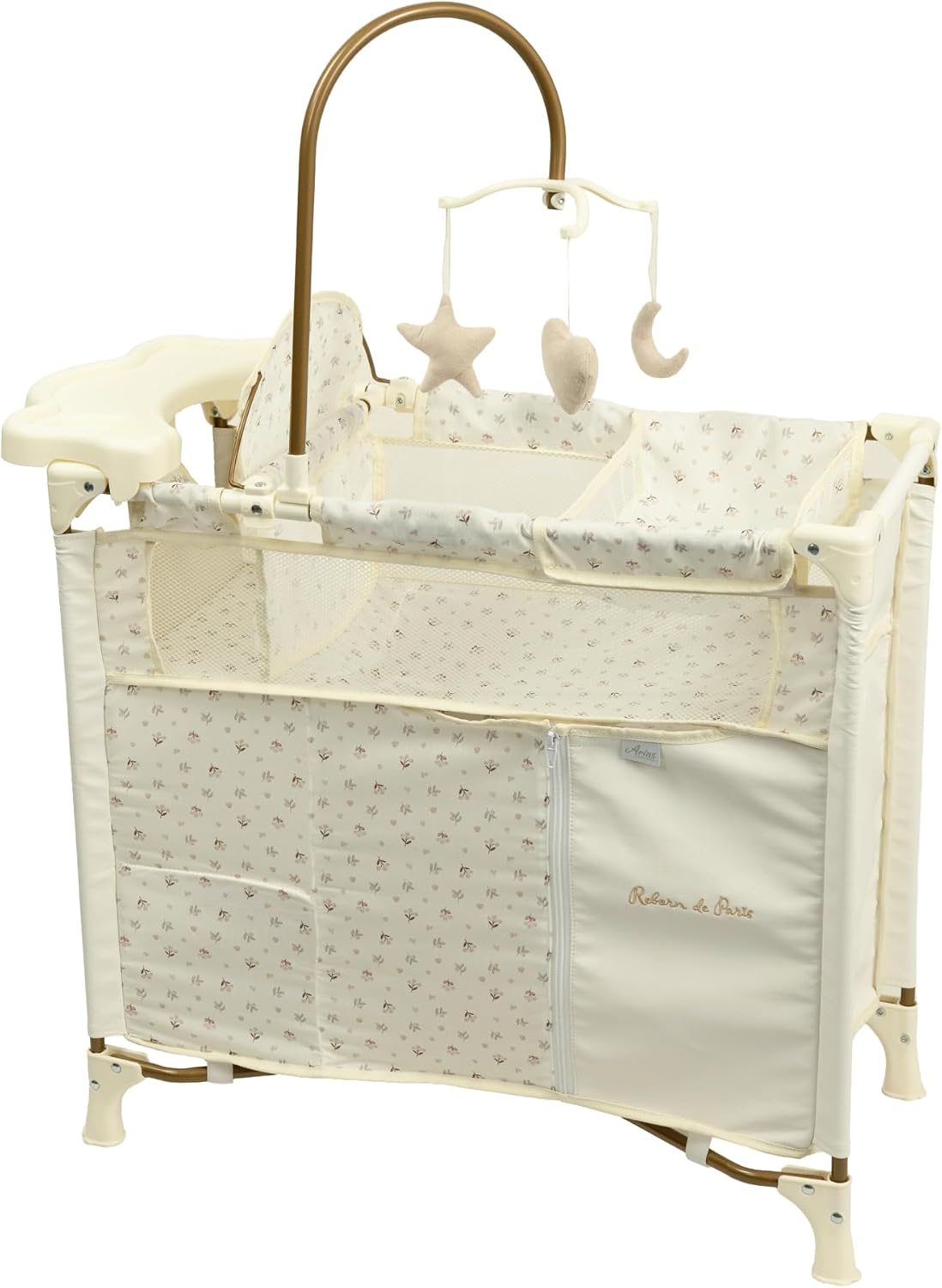 Cuna cambiador Reborn de París Arias 40946 plegable con dosel dorado y móvil de estrellas, vista lateral derecha