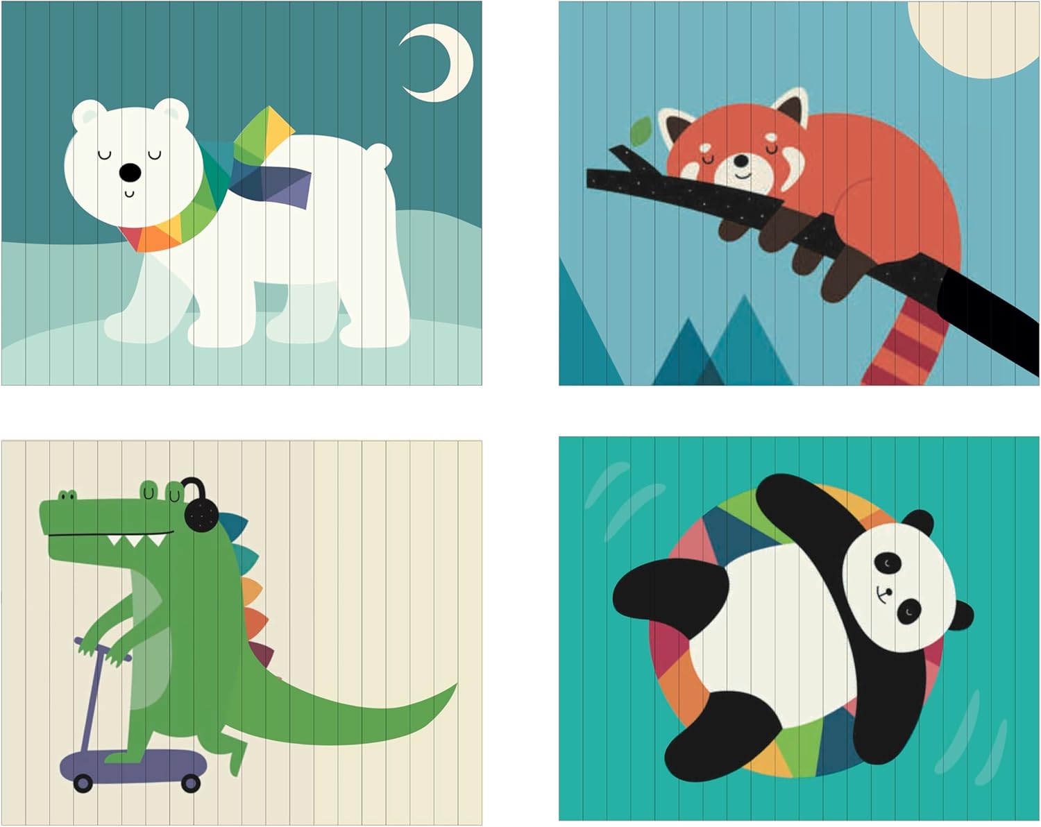 Primer plano de las 4 caras ilustradas de los palos de madera del puzzle Vilac.