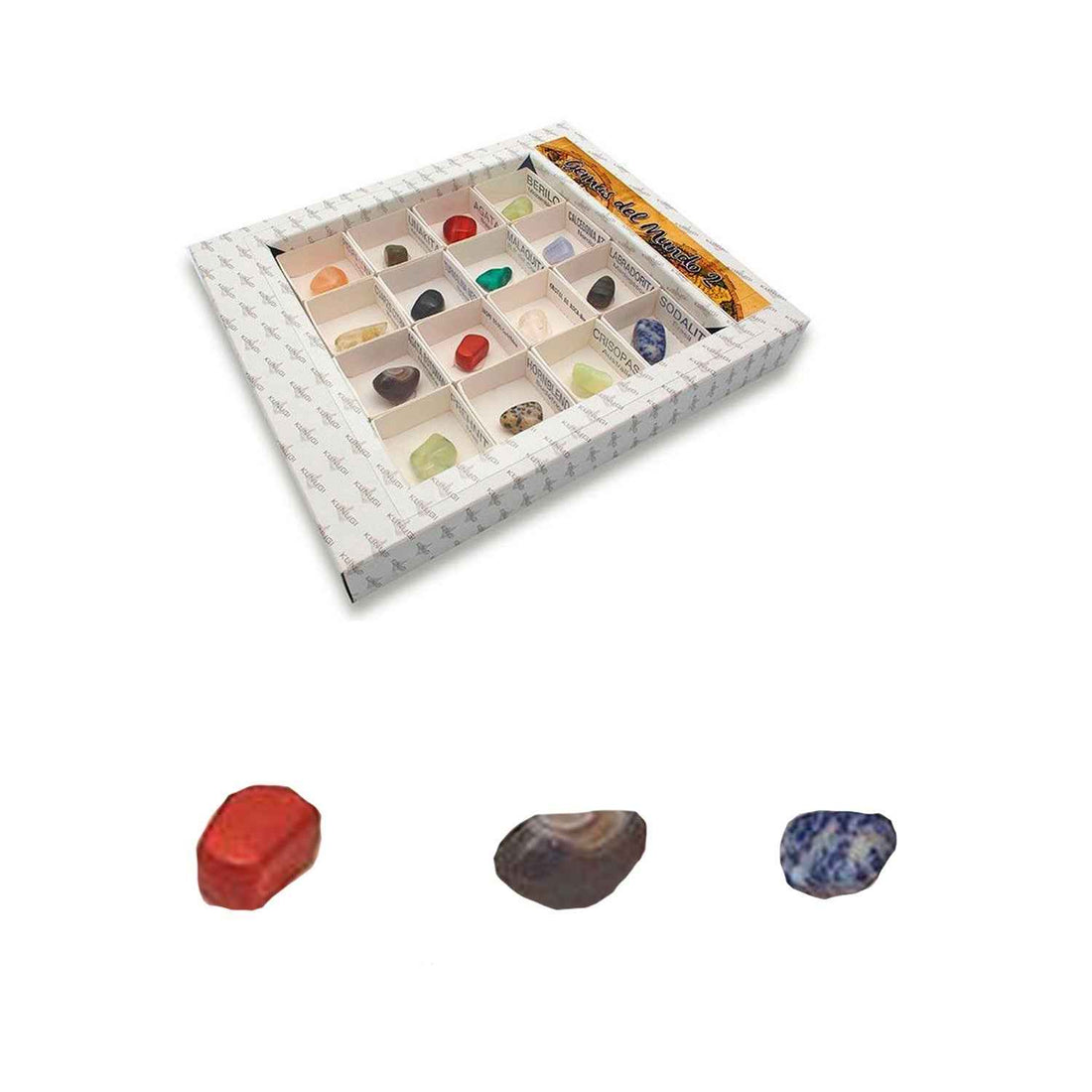 Caja expositora con 16 gemas naturales pulidas de la Colección Nº2 de Kunugi, incluyendo Malaquita y Berilo - Educar Jugando