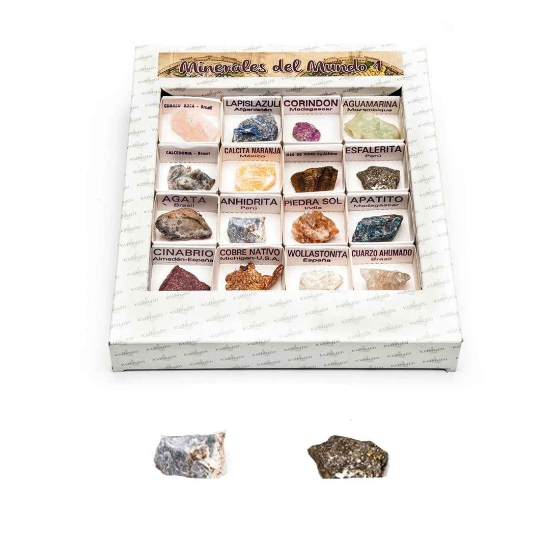 Caja de colección Minerales del Mundo 1 con 16 muestras auténticas incluyendo Agata, Pirita y Cuarzo - Educar Jugando.