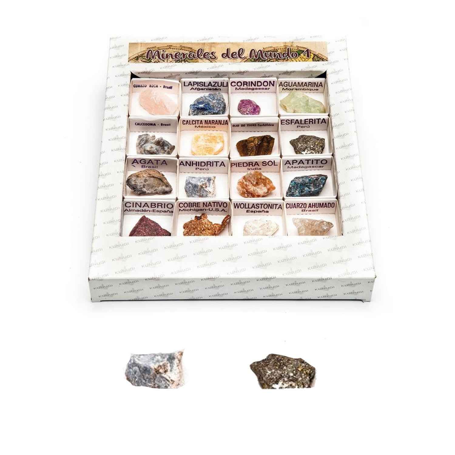 Primer plano de los minerales reales de la colección con etiquetas de identificación de origen - Desarrollo real sin pantalla.