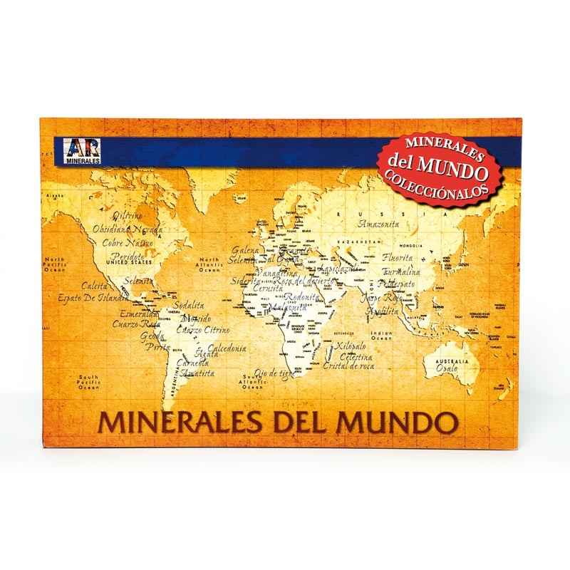 Colección educativa de 24 minerales naturales del mundo marca Kunugi en caja expositora de madera
