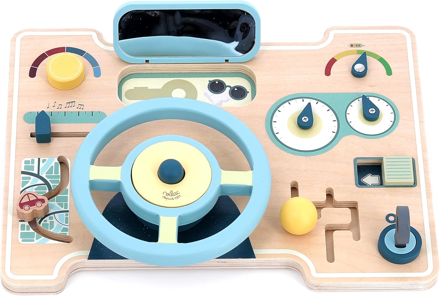 Detalle del volante de madera y botón de bocina del tablero sensorial para bebés.