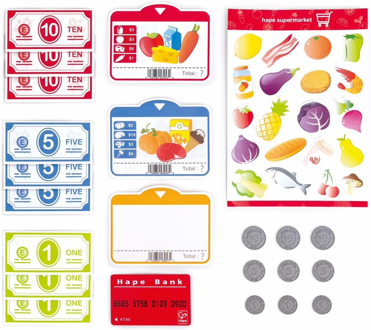 Set de billetes de papel, monedas y tarjeta de crédito de juguete incluidos con la caja Hape.