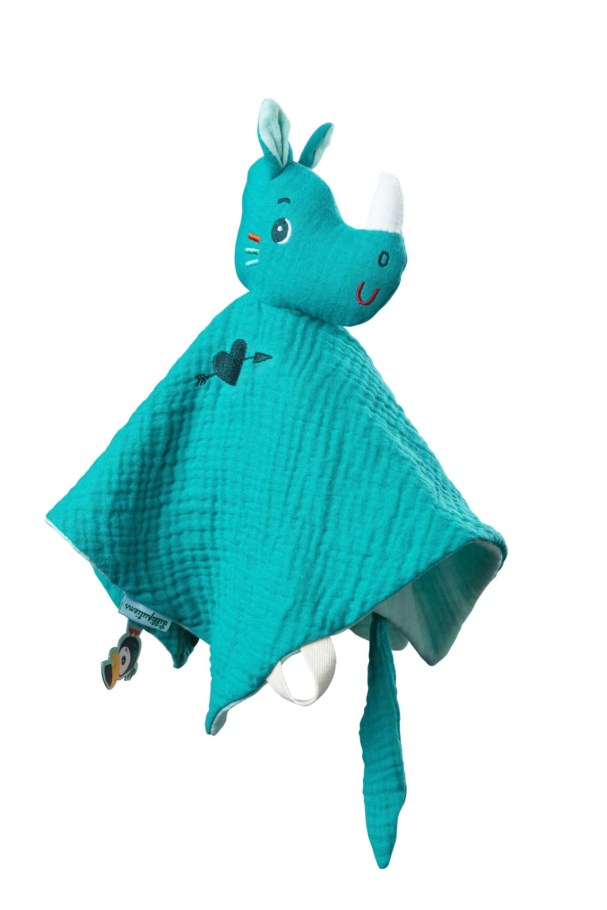 Doudou Marius de Lilliputiens levantado, con cabeza de rinoceronte turquesa, cuerno blanco y tejido de algodón orgánico.