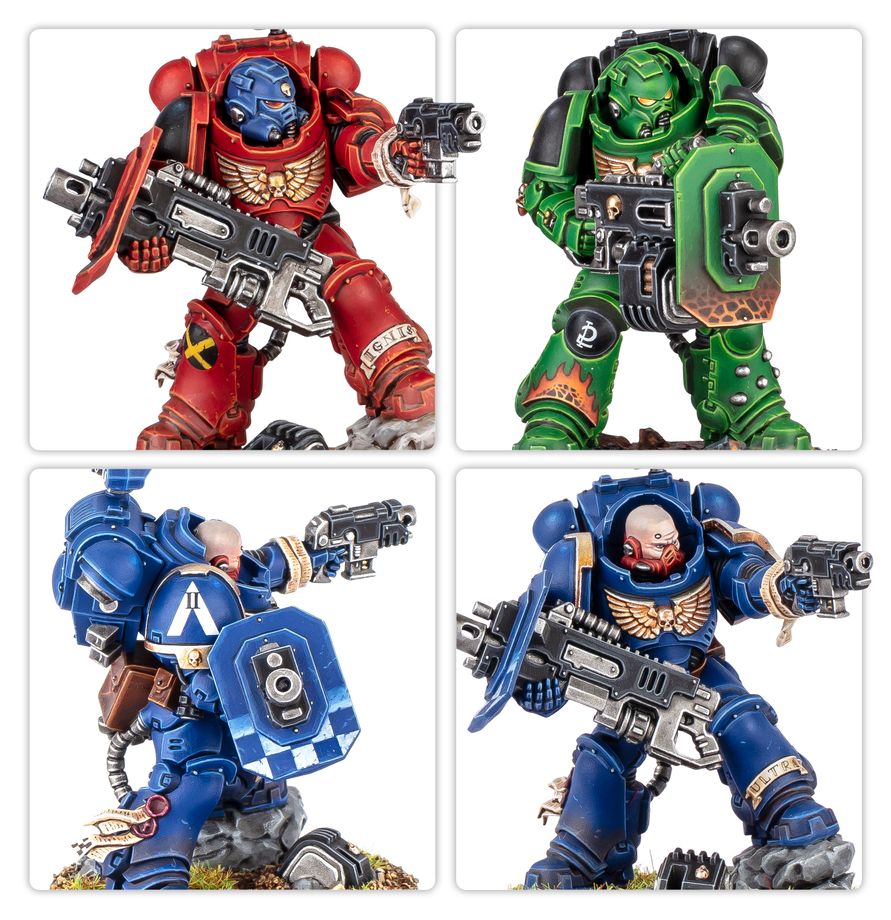 Erradicadores con bólteres pesados Warhammer 40.000, ejemplos de miniaturas pintadas en distintos colores.