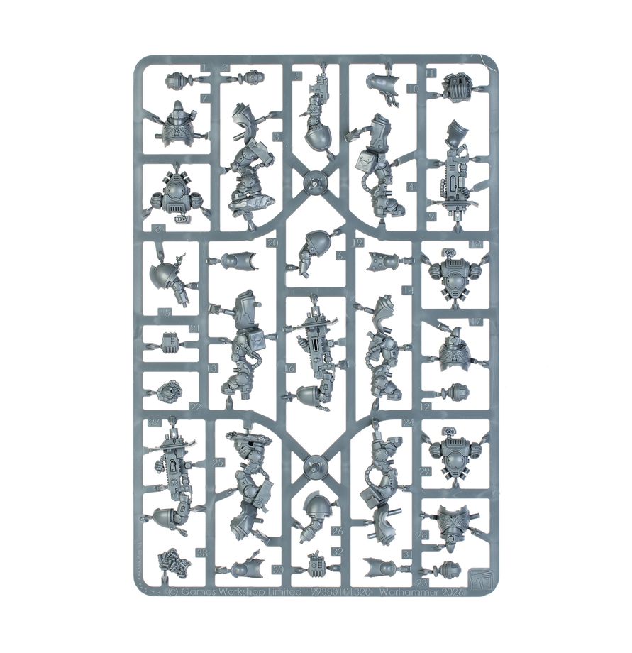Piezas de plástico de la Escuadra de Erradicadores Warhammer 40.000 distribuidas en una matriz para su montaje.