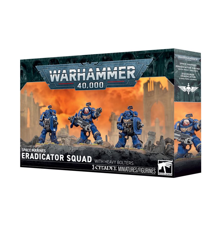 Caja de la Escuadra de Erradicadores con bólteres pesados Warhammer 40.000, con tres Marines Espaciales en la portada.
