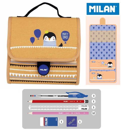 Contenido completo estuche Milan Party Time lapices triangulares boligrafos y accesorios