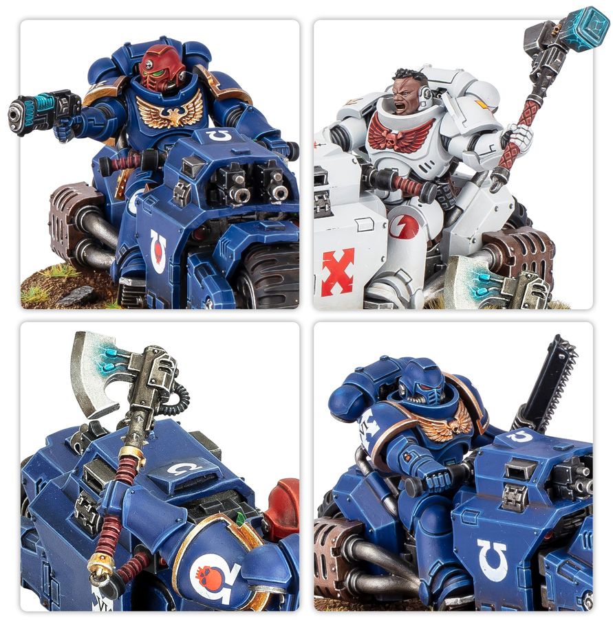 Tres miniaturas: Escuadra de Batidores Warhammer 40.000, tres Marines Espaciales en motos Raider mostrados desde distintos ángulos.