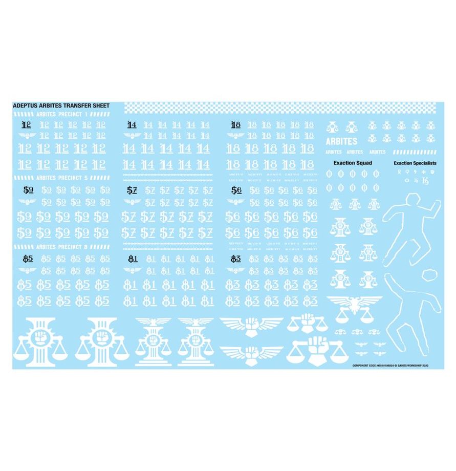Hoja de calcomanias Adeptus Arbites Transfer Sheet - 297 calcomanias Escuadra de Exaccion Warhammer 40,000