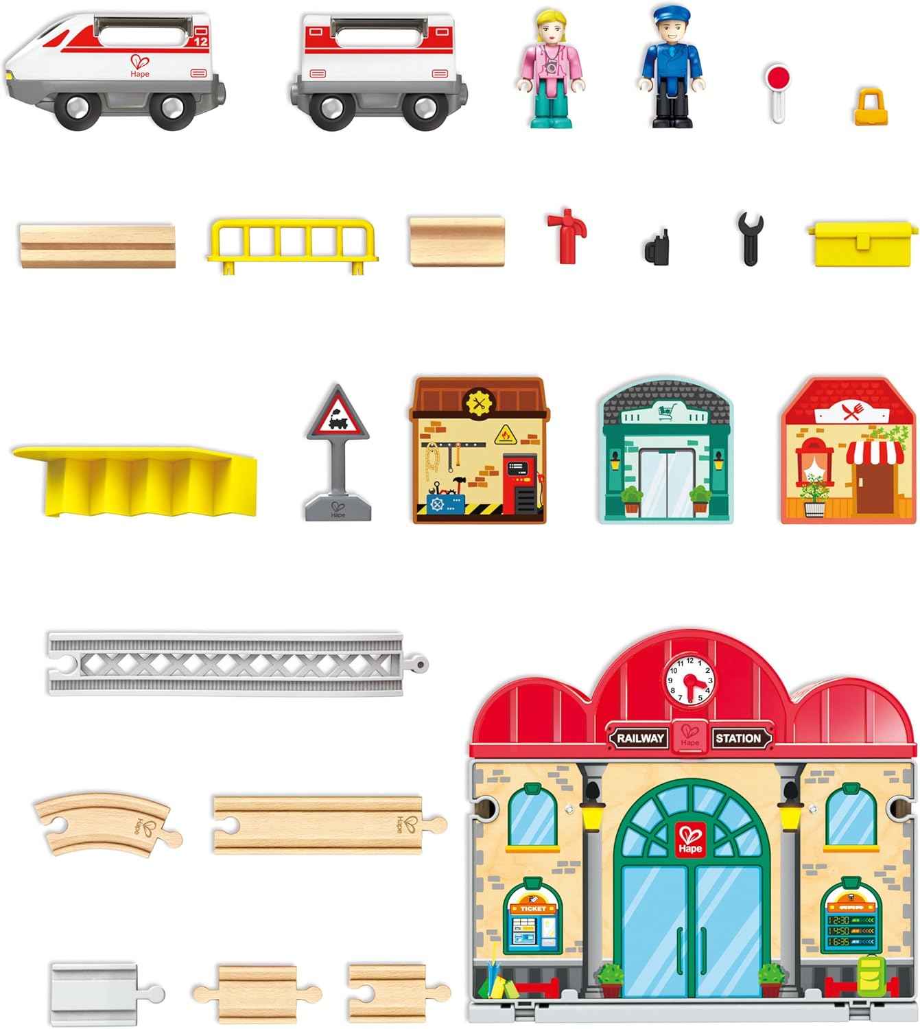 EDetalle figuras y accesorios estación de tren de madera Hape E3877 niños 3 años