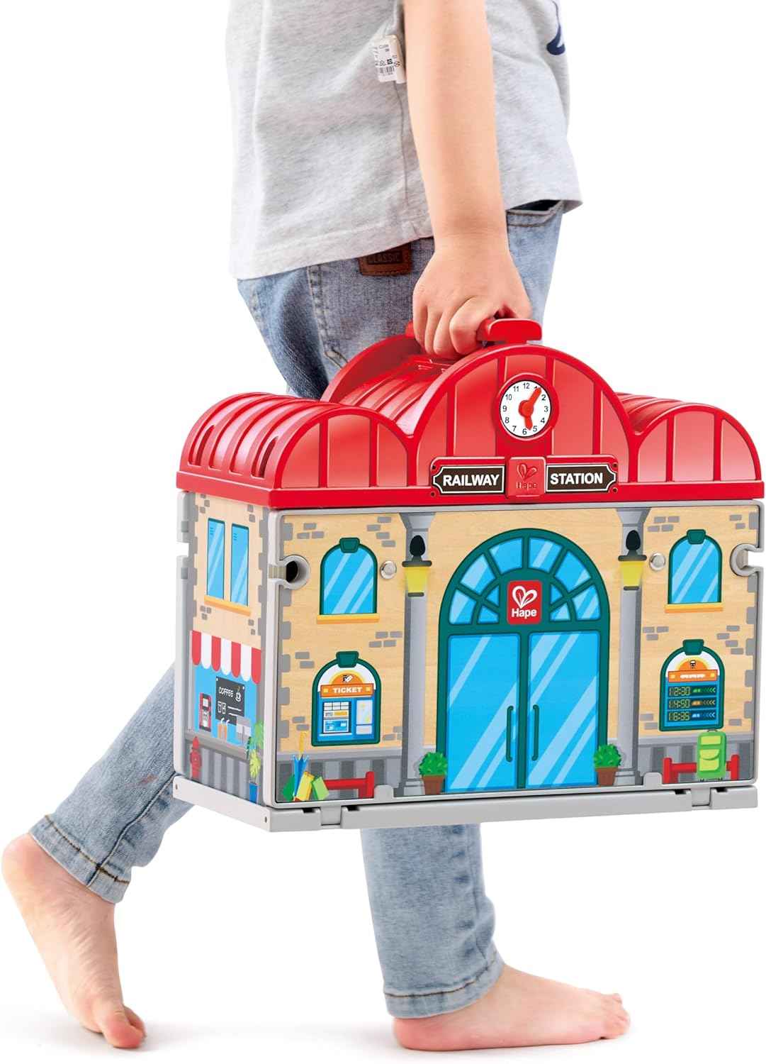Set ferroviario portátil Hape E3877 con vías, figuras y asa de transporte incluidos