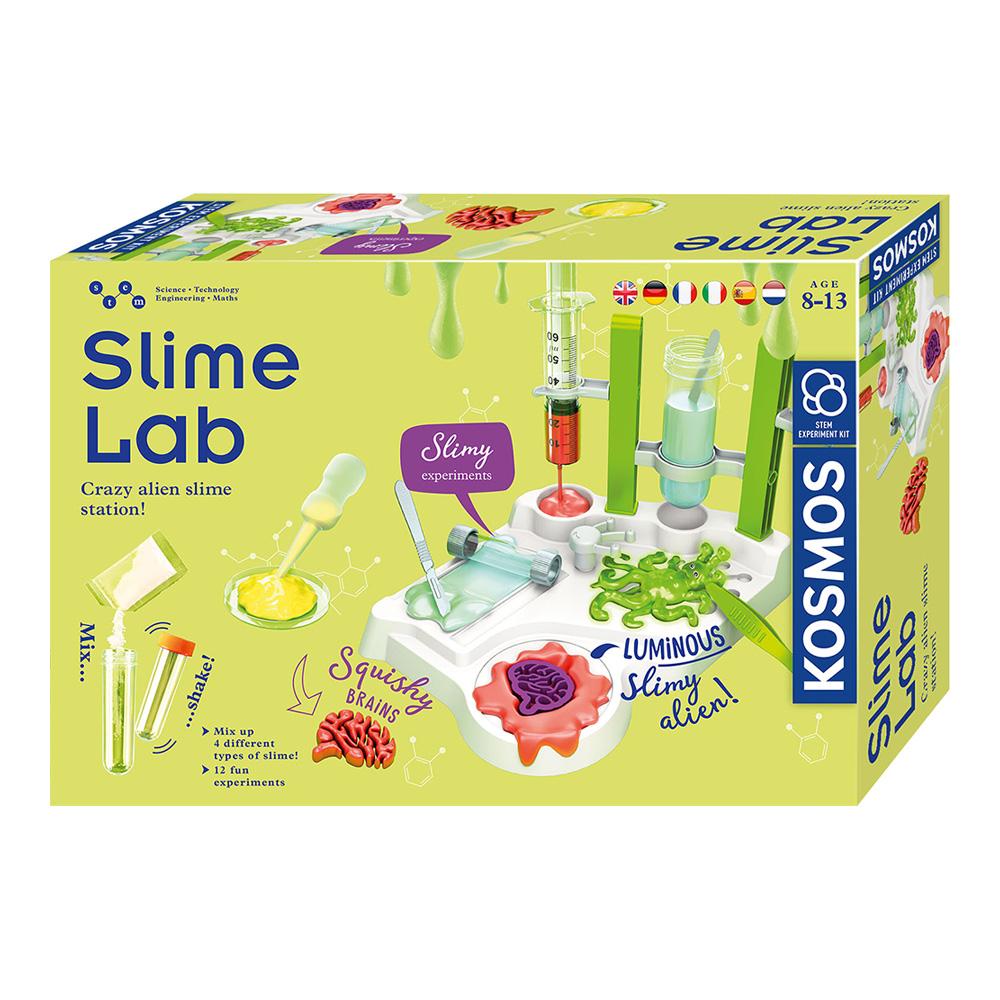Caja del set de experimentación Slime Lab de Kosmos, con estación de laboratorio y ejemplos de slime para niños de 8 a 13 años.