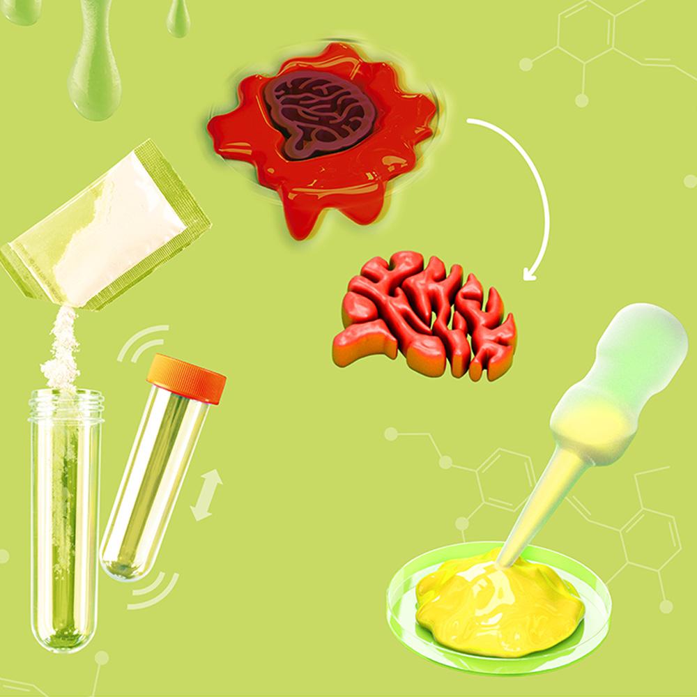Experimentos del set Slime Lab de Kosmos: mezcla en tubo de ensayo, slime amarillo y molde con forma de cerebro.