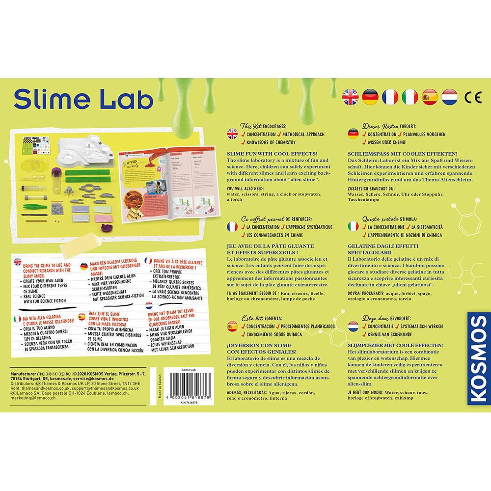 Reverso de la caja de Slime Lab de Kosmos, con contenido del kit, manual ilustrado e información en varios idiomas.⠋

