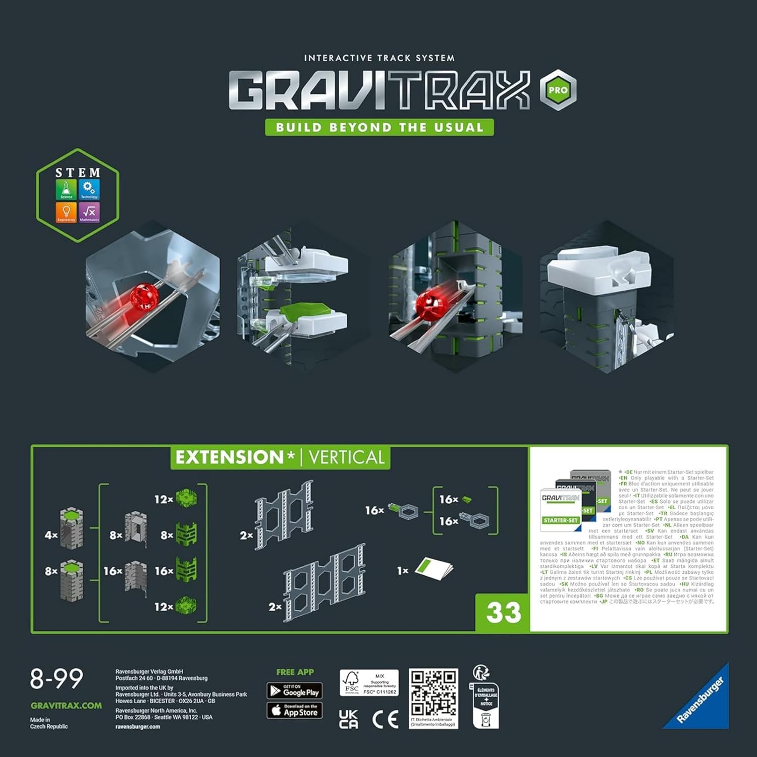 Parte trasera caja GraviTrax Pro Vertical con edad recomendada 8 anos - informacion producto Ravensburger