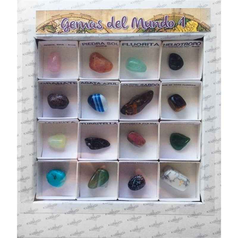 Set de iniciación Colección Nº1 de 16 gemas naturales talladas y pulidas de Kunugi incluyendo Granate y Ágata - Educar Jugando