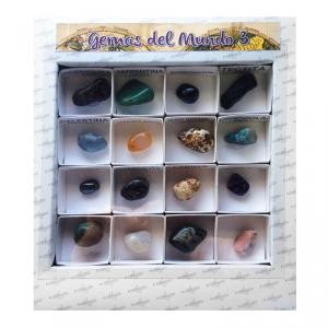 Expositor con 16 gemas naturales talladas y pulidas de la Colección Nº3 de Kunugi, incluyendo Rodholita y Amatista - Educar Jugando