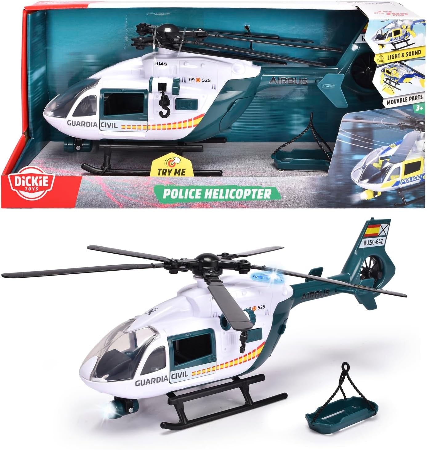 Helicóptero de la Guardia Civil Dickie Toys de 36 cm con grúa y luces para juego de rescate - Educar Jugando