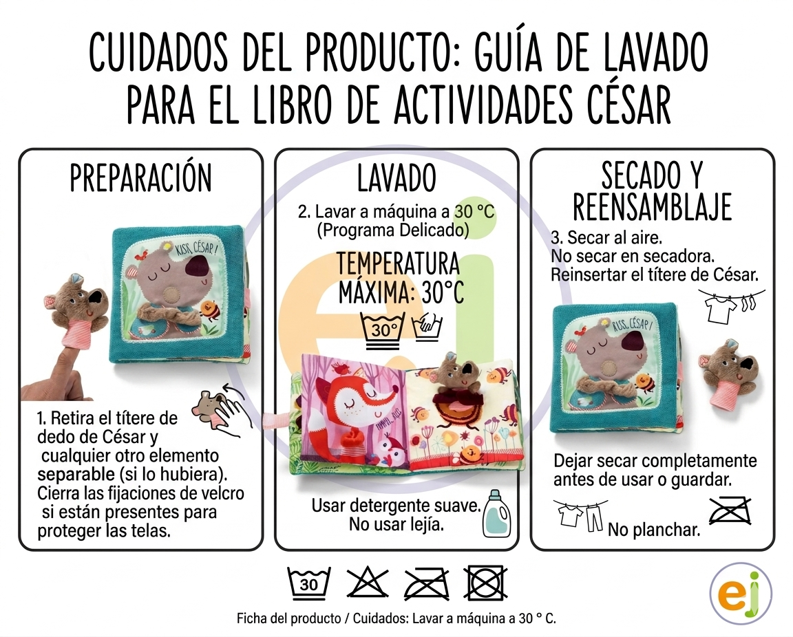 Guía de lavado y especificaciones Libro de Actividades Lilliputiens: lavado a máquina 30 grados, 100% poliéster y dimensiones 16x16 cm.