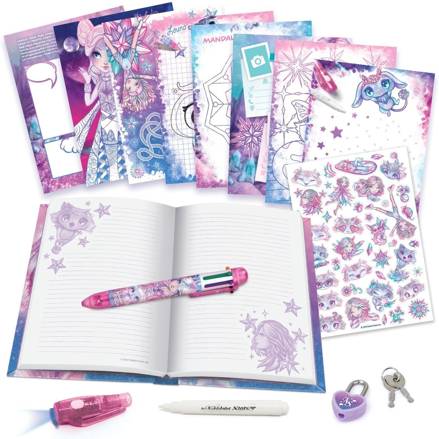 Interior del diario Estrelia: páginas con líneas, actividades y pegatinas decorativas - Nebulous Stars