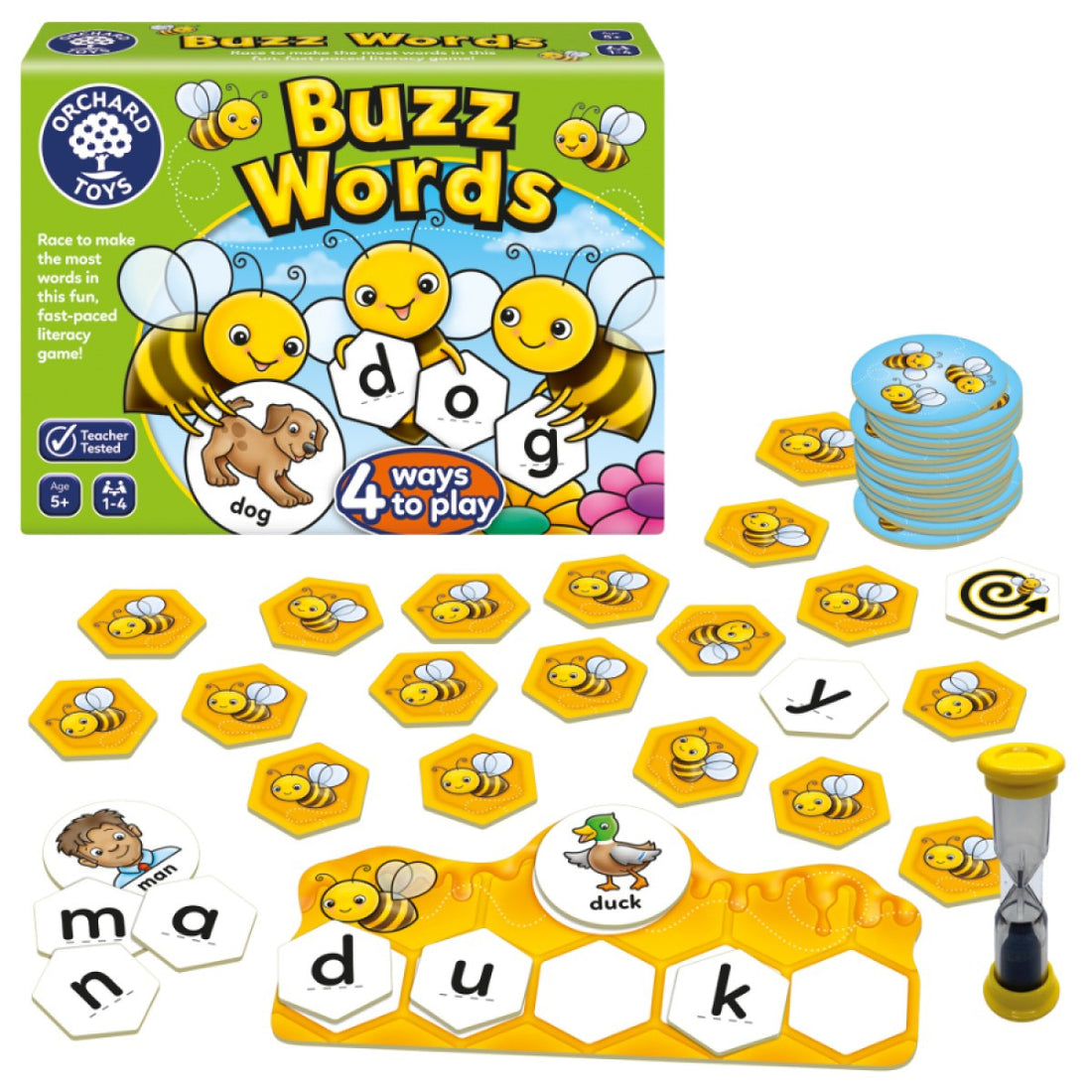 Juego educativo de alfabetización 4 en 1 Buzz Word con cronómetro y retos de ortografía - Educar Jugando