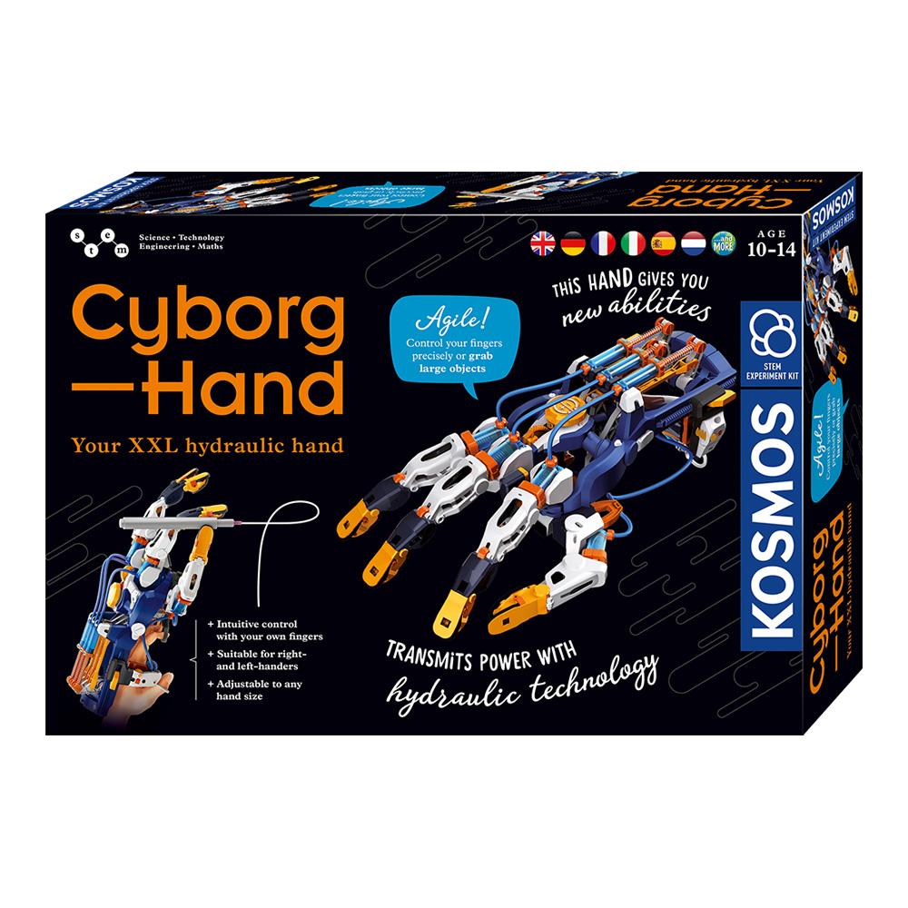 Caja del kit Cyborg Hand de Kosmos, con mano robótica hidráulica para construir y ejemplos de uso desde 10 años
