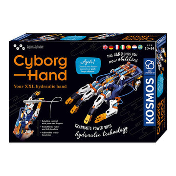 Caja del kit Cyborg Hand de Kosmos, con mano robótica hidráulica para construir y ejemplos de uso desde 10 años