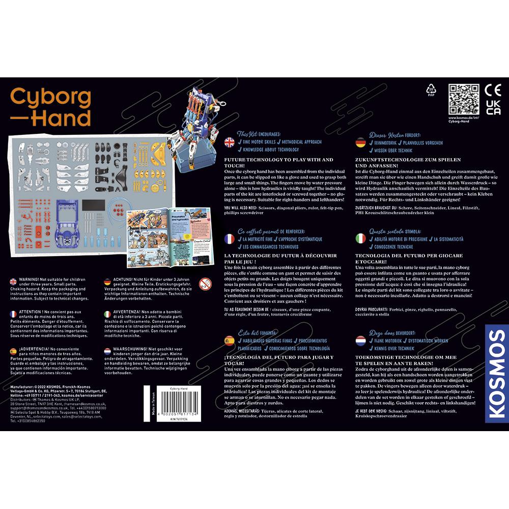 Reverso de la caja de Cyborg Hand de Kosmos, con piezas de montaje, manual ilustrado e información en varios idiomas.