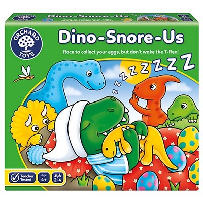 Caja del juego de mesa infantil Dino-Snore-Us de Orchard Toys sobre el T-Rex y recuperar huevos para niños de 3 a 6 años - Educar Jugando
