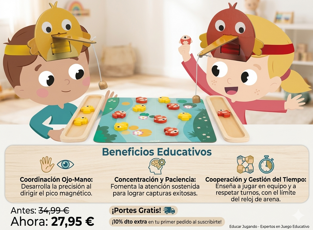 Juego de pesca magnética con pájaros y peces de madera de Janod - Colección Birthday Party - Educar Jugando