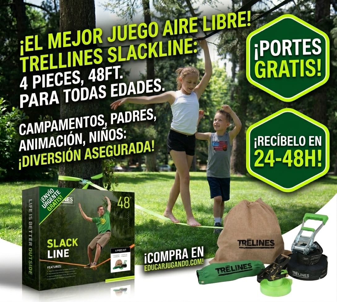 Niña y niño practicando equilibrio en kit de slackline TreLines de 48 pies en un parque. Juego al aire libre y material de animación para campamentos, ideal para niños y adultos. Compra en educarjugando.com