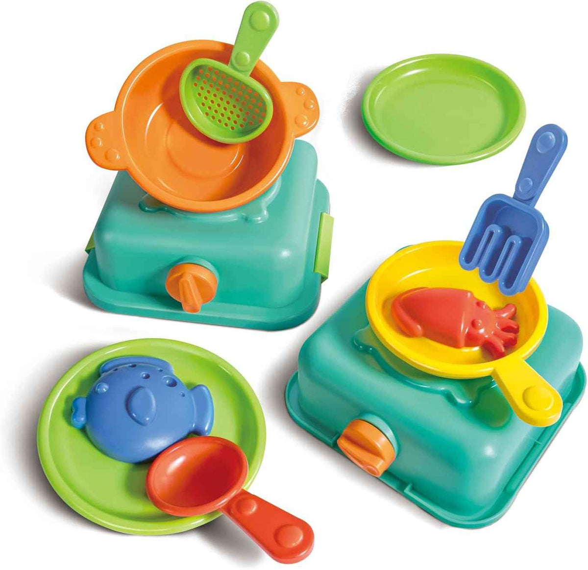 Set de cocina de arena Sandy Chef Hape recogido dentro de su cesta con asa