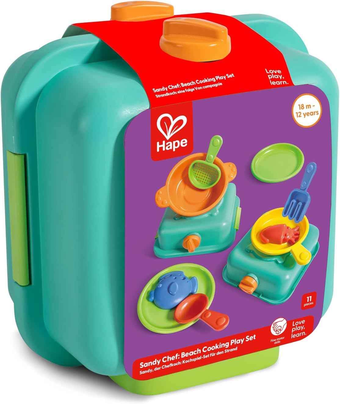 Conjunto completo de las piezas del Sandy Chef Hape E4106 sobre la arena