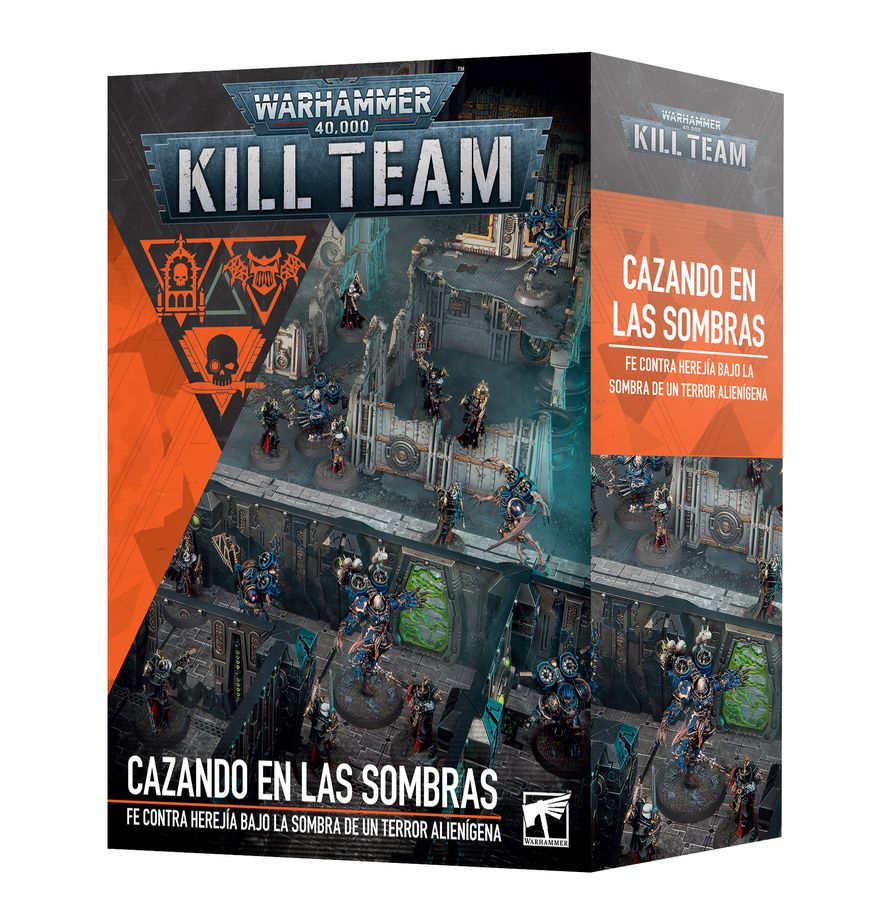 Caja oficial del suplemento Kill Team: Cazando en las Sombras con arte de los Amos de la Noche y Hermanas de Batalla.