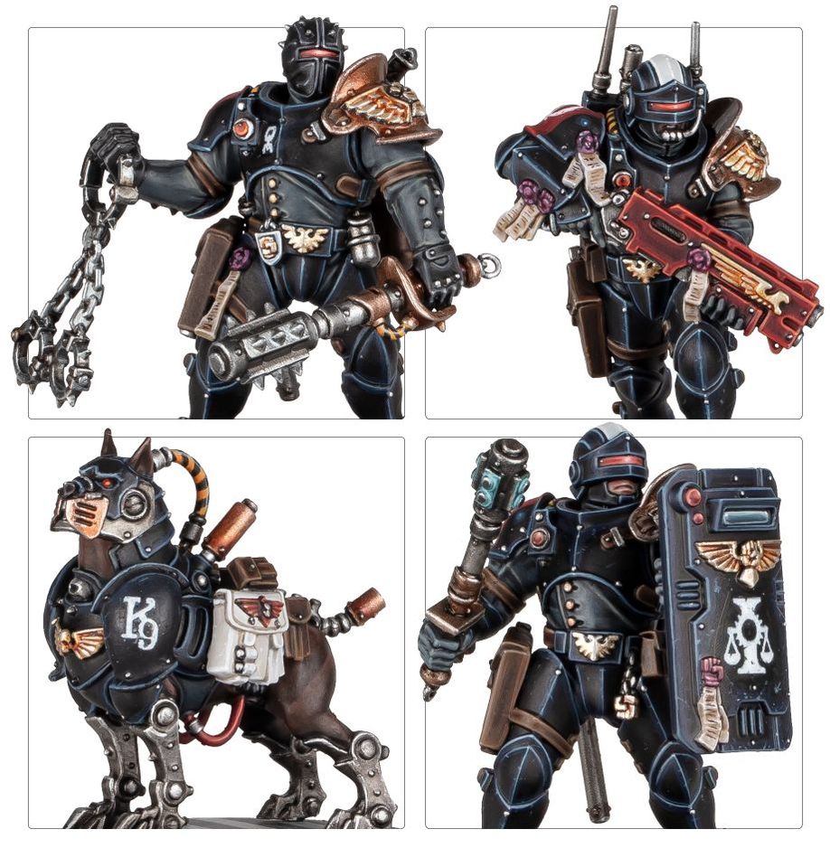 Detalle de miniaturas Kill Team Escuadra de Exaccion: Castigador con cadenas, Arbites con fusil, Cibermastin K9 y Sojuzgador con escudo
