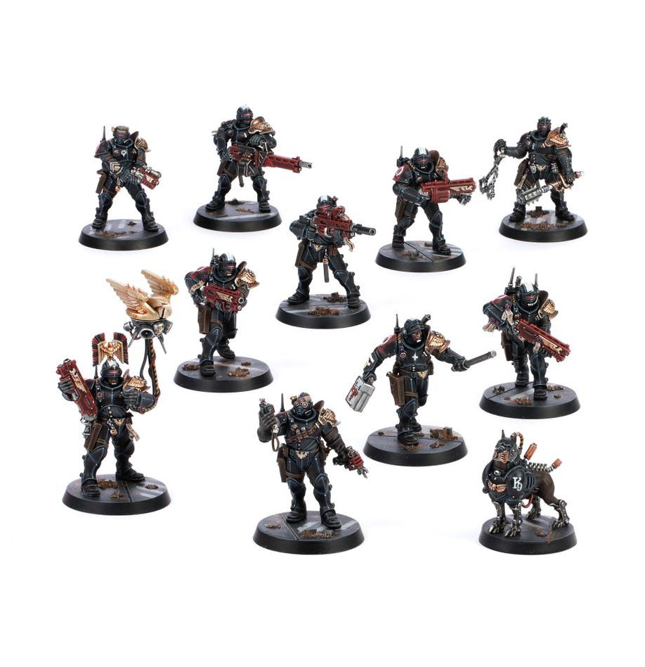 11 miniaturas pintadas de la Escuadra de Exaccion Kill Team Warhammer 40K: 10 Adeptus Arbites y 1 R-vr Cibermastin