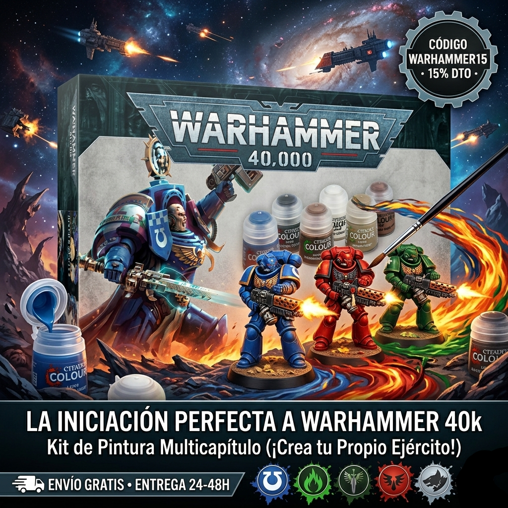 Imagen publicitaria del kit de inicio Warhammer 40,000 Infernus Marines más pinturas. Se muestran tres miniaturas pintadas de los capítulos Ultramarines, Ángeles Sangrientos y Ángeles Oscuros frente a una batalla espacial épica, botes de pintura Citadel Colour y un pincel. Texto: La iniciación perfecta a Warhammer 40k.