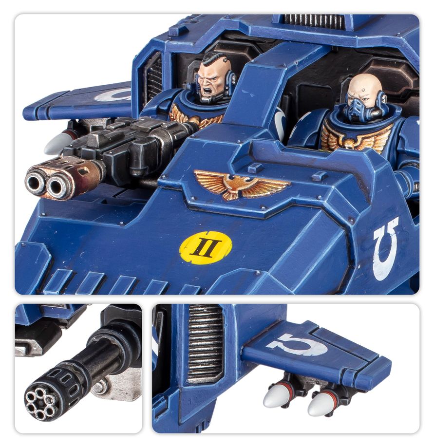 Detalle del Land Speeder de Warhammer, con los pilotos, el cañón y los misiles visibles.