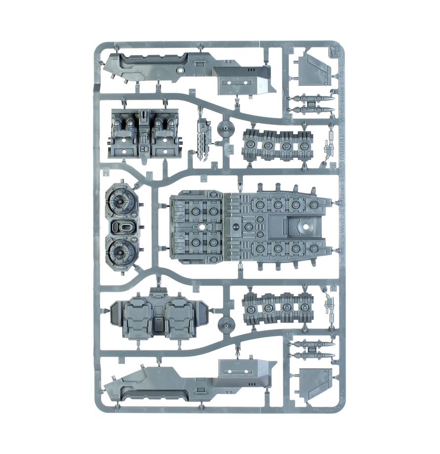 Land Speeder de Warhammer, matriz de plástico gris con piezas del vehículo, armamento y pilotos para montar.