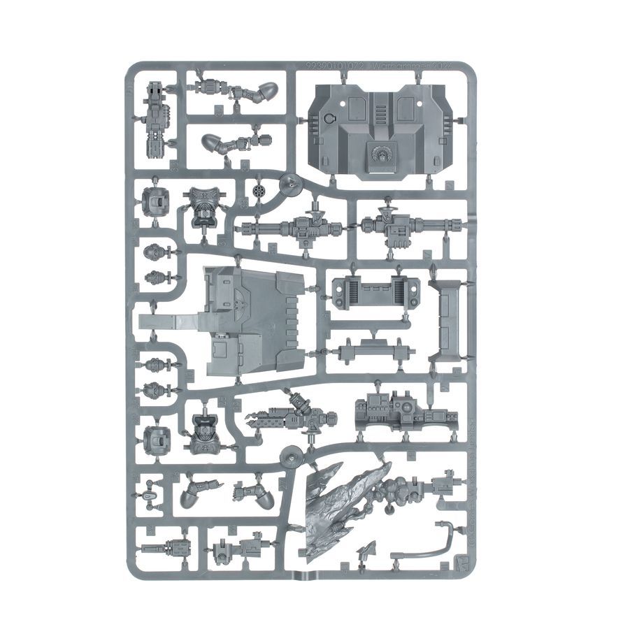 Piezas de plástico del Land Speeder de Warhammer, con componentes del casco, los motores y el armamento.